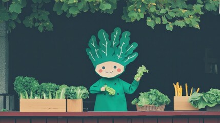 Playful Boy in Lettuce Costume Holding Fresh Greens Surrounded by Vegetables in a Charming Outdoor Setting
