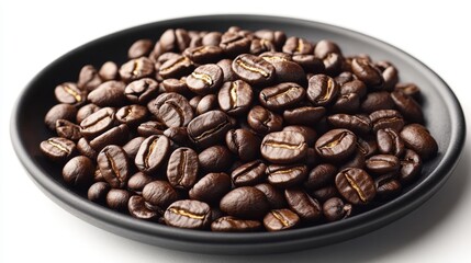 Fototapeta premium Roasted coffee beans on a matte black plate against a white background