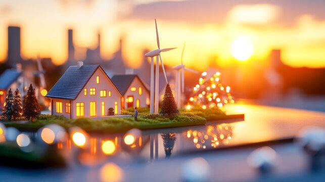A Sustainable Future: Miniature houses illuminated by warm lights, wind turbines, and trees, all silhouetted against a dramatic sunset, symbolizing a thriving and eco-conscious future.  