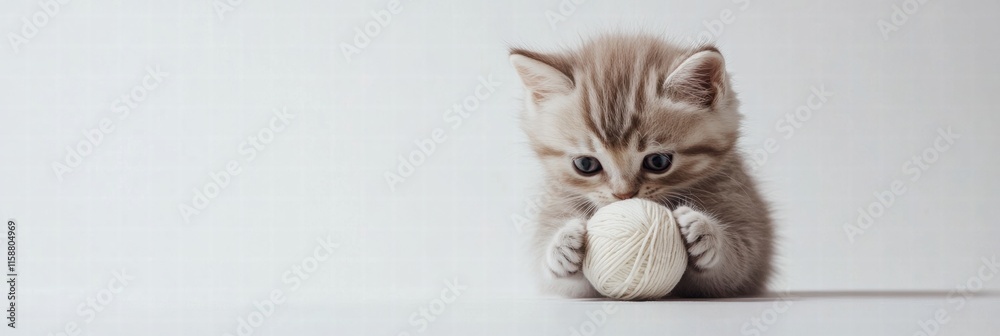Poster cute kitten joyfully playing with a soft ball of yarn on a light background during a sunny afternoon