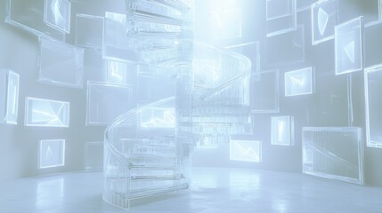 Fototapeta premium Glass spiral staircase in futuristic, bright room with glowing screens.