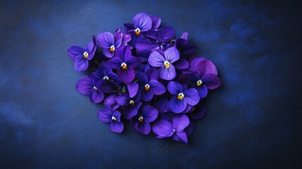 A cluster of vibrant purple violets on a cool indigo background, natural close-up shot, Minimalist...