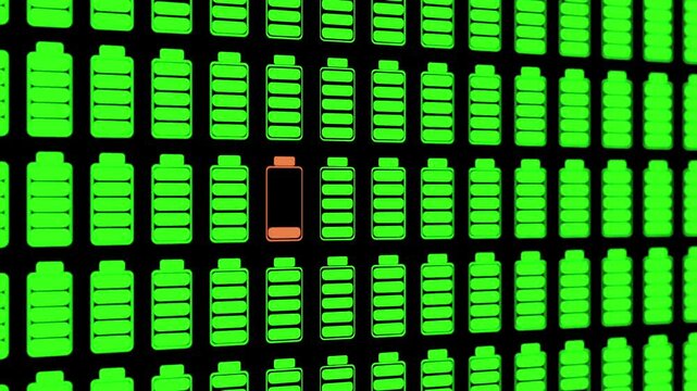 Close up control panel of full charged batteries, one battery is empty. Energy consumption, energy efficiency, technology, electricity, energy storage and progress bar.
