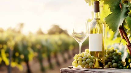 Fototapeta premium Bottle of white wine with blank label and wineglass standing on wooden table with bunch of grapes in vineyard at sunset, celebrating the harvest season and the art of winemaking. Copy space