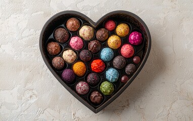 Heart-shaped chocolate box filled with assorted colorful truffles on a cream-colored background for valentines day
