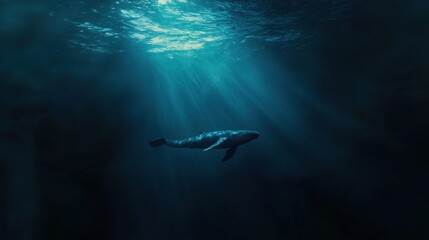 Fototapeta premium Solitary whale swimming in deep ocean, sunbeams.