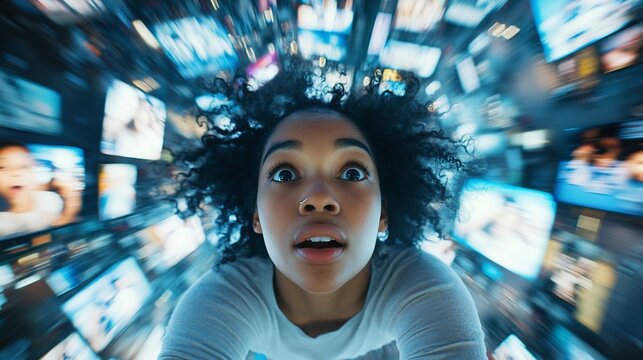 Surprised woman amidst swirling screens.