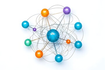 Obraz premium Colorful Atoms and Neurons Connected Through Thin Wires on White Background