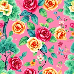 Vibrant Rose Garden: A seamless pattern of richly colored roses and lush greenery on a pink background. Perfect for textile designs, wallpapers, and other creative projects.