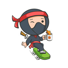 Illustration of a ninja riding a skateboard in a cute cartoon style.