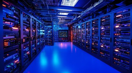 Illuminated Server Room With Extensive Network Equipment
