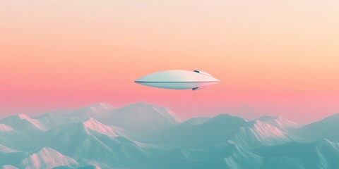 Obraz premium High-angle view of a minimalist spaceship floating above a serene earth-like landscape, soft pastel colors, tranquil atmosphere