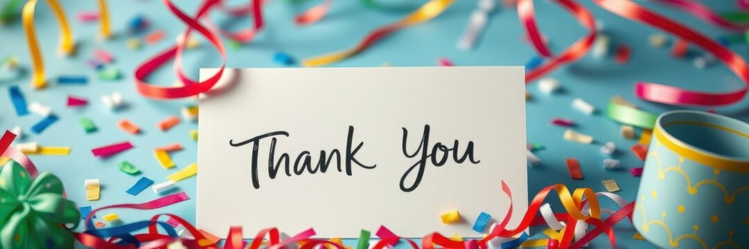 Colorful decorations and a thank you note create a festive atmosphere for a celebration or event