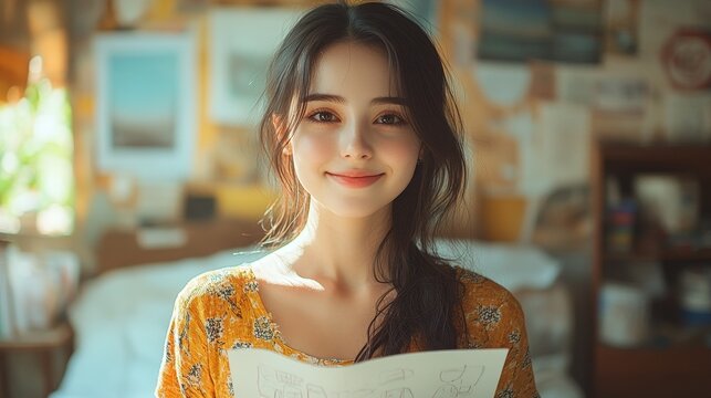 Young woman happily showing her colorful drawing in a bright and beautiful room. The cheerful atmosphere reflects creativity, joy, and the passion of art, with vibrant colors and positive energy.