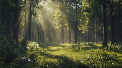 Obraz premium Sunlight Streaming Through Trees in Verdant Forest Landscape