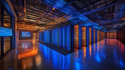 Illuminated Modern Data Center Server Room