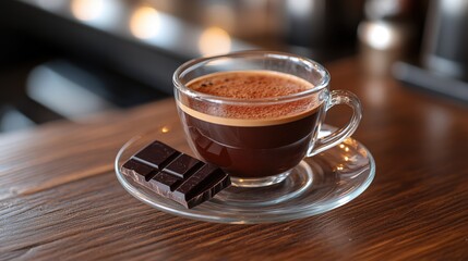 Rich dark espresso served in a glass cup alongside a dark chocolate square