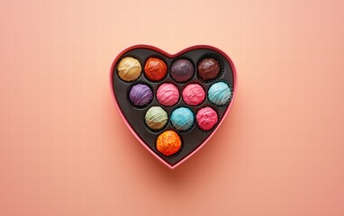 Heart-shaped chocolate box filled with assorted colorful truffles on a soft peach-to-pink gradient background for valentines day