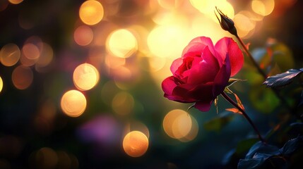 Fototapeta premium Single dark pink rose at sunset, bokeh background.