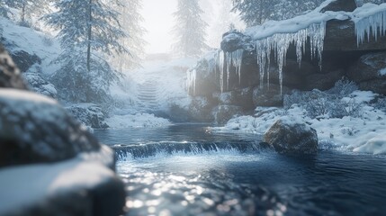 A breathtaking winter landscape featuring a small creek flowing through a snowy forest, with icicles hanging from the rocks.