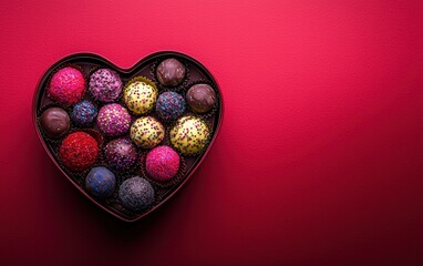 Heart-shaped chocolate box filled with assorted colorful truffles on a rich wine-red background for valentines day