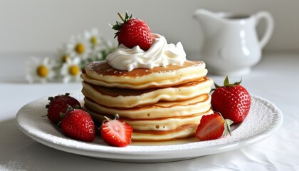 Delicious Stack of Pancakes with Fresh Strawberries and Whipped Cream on a White Background