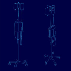 Two medical devices are shown in blue. The first device is a syringe, and the second device is a blood pressure monitor. The syringe is attached to a tube