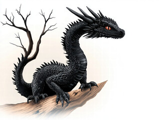 Fototapeta premium Chinese New Year. A black dragon with a tree branch background perched on a log.
