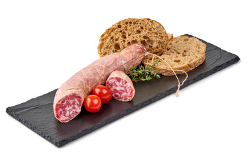 Dry cured sausage, isolated on white background.