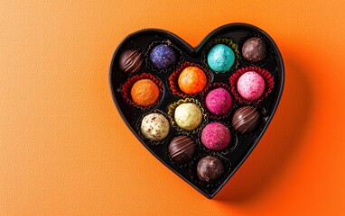 Heart-shaped chocolate box filled with assorted colorful truffles on a bold orange background for valentines day