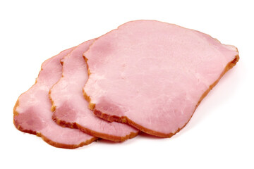 Smoked pork loin slices, isolated on white background.