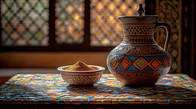 Mosaic table features rustic Moroccan cezve and finely ground coffee in riad setting