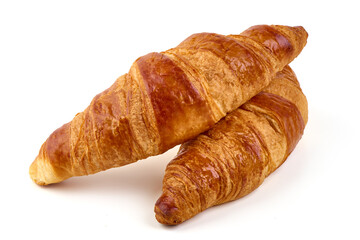 Two buttery croissants isolated on white background.