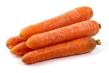 Fresh whole carrots isolated on white background.