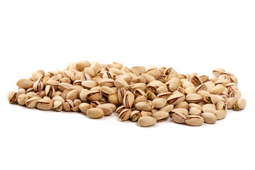 Pistachio nuts, isolated on white background. Close-up.
