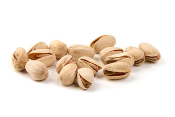Pistachio nuts, isolated on white background. Close-up.