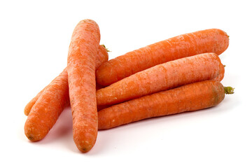 Fresh whole carrots isolated on white background.