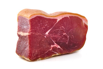 Cured jamon serrano ham or prosciutto crudo parma, isolated on white background.