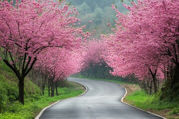 The pink cherry blossom trees on both sides of the curved road  Cherry Blossom Path in a Tranquil Garden,stock photo scenic park adorned with rows of blooming cherry blossoms