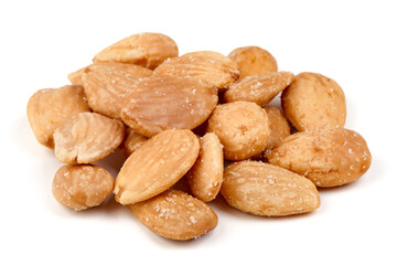 Blanched roasted almond nuts, isolated on white background.