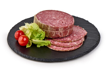 Salami smoked sausage, Traditional dry-cured Milano salami, isolated on white background. High resolution image.