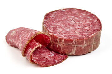 Salami smoked sausage, Traditional dry-cured Milano salami, isolated on white background. High resolution image.