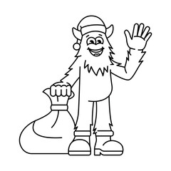 Yeti character with a bag of Christmas presents color line illustartion.