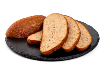 Rye bread loaf with slices, isolated on white background.