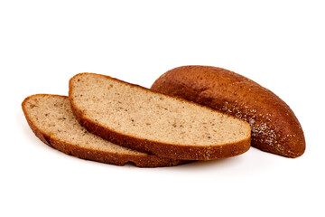 Rye bread loaf with slices, isolated on white background.