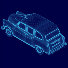 Blue car with a roof is shown in a blue background. The car is a vintage model and he is a taxi cab