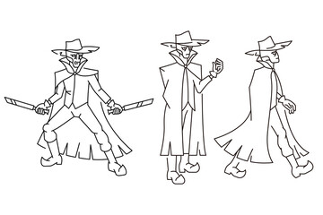 Monsters in cloaks and hats in various poses color line illustrations. Fictional characters.