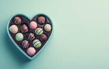 Heart-shaped chocolate box filled with assorted colorful truffles on a pale mint green-to-white gradient background for valentines day