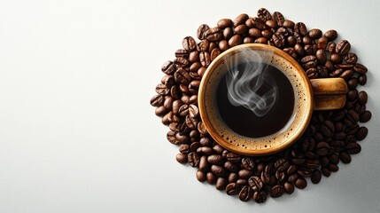 Silhouette of a steaming coffee cup made from roasted coffee beans on white background