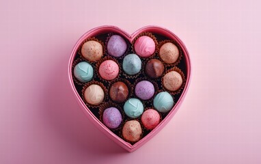 Heart-shaped chocolate box filled with assorted colorful truffles on a pastel pink background for valentines day